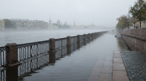 Кривые сосны на берегу в густом тумане, сухая трава и песок у кромки воды 