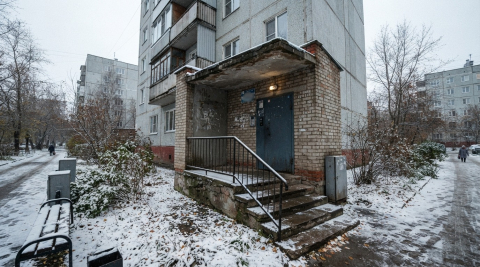 Кирпичное крыльцо подъезда панельного дома зимой, вокруг сугробы и голые деревья 