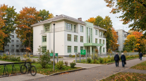 Новое трёхэтажное здание детской поликлиники с белым фасадом и зелёными указателями 