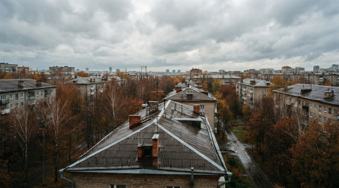 Пасмурное небо над мокрыми после дождя крышами тихого жилого квартала в Екатеринбурге 