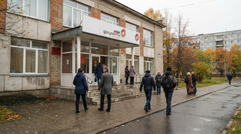 Здание МФЦ с посетителями у входа в Североморске Мурманской области 