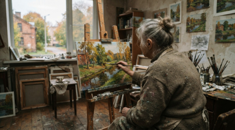 Пожилая художница рисует картину в мастерской, Калининградская область, город Полесск 