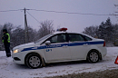 Бело-синий автомобиль полиции стоит на заснеженной обочине пасмурным днём 